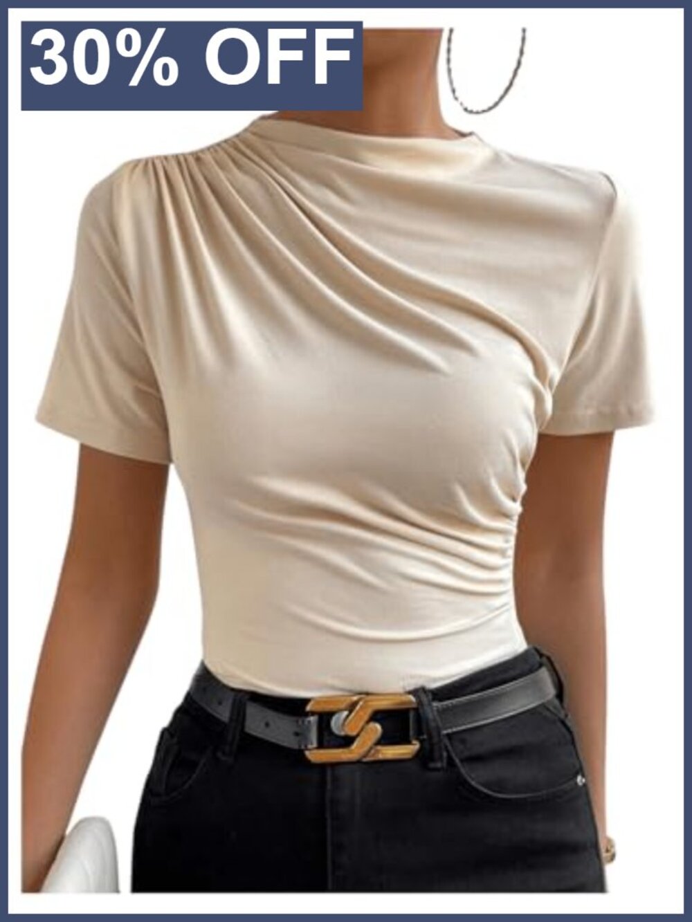 Ruched Mock Neck Short Sleeve T-Shirt Slim Fit Stretch Casual Top
